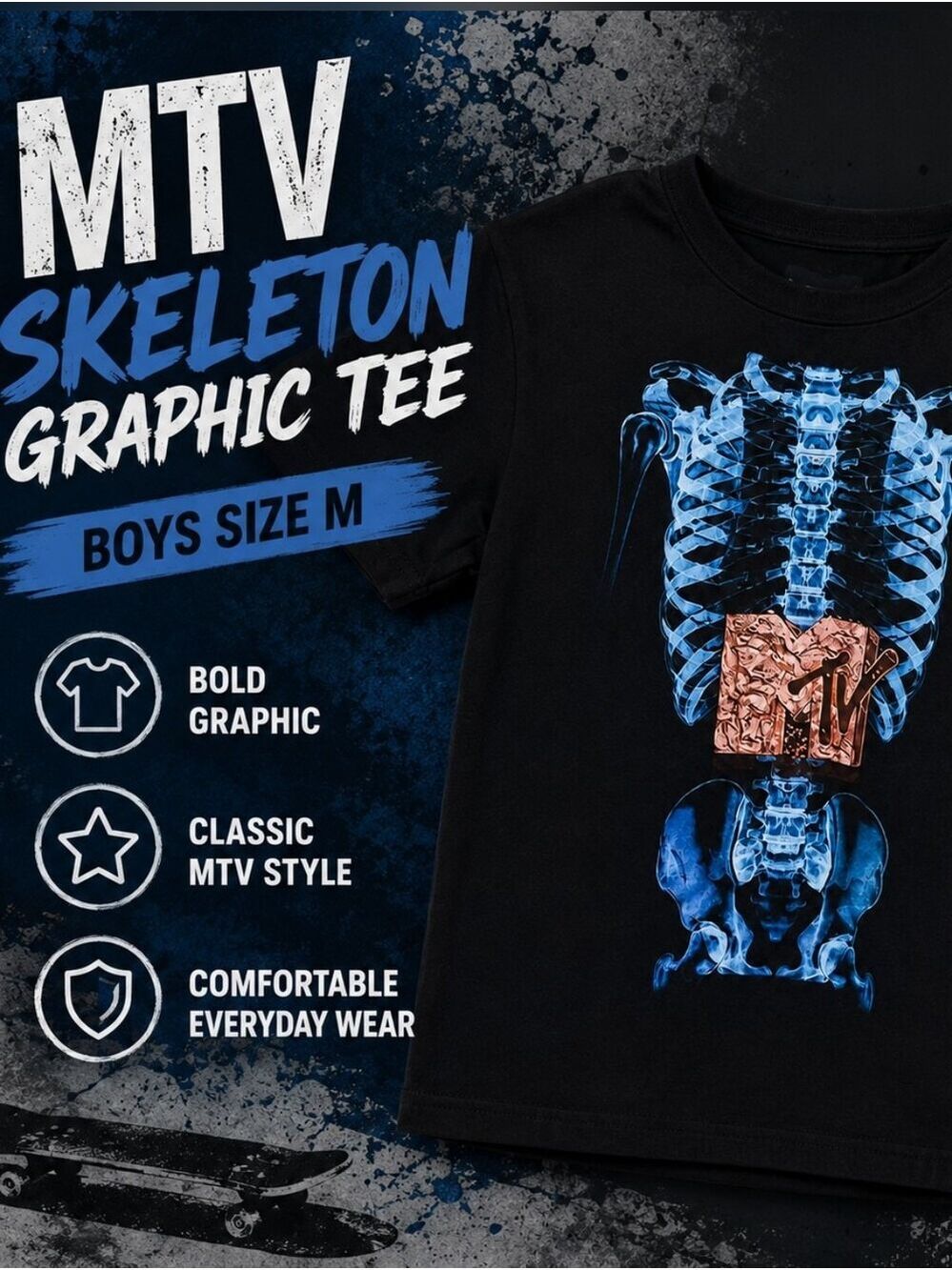 MTV Boys Black Skeleton Graphic Tee Large